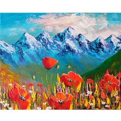 Rocky Mountain Art Impasto Oil Painting Landscape Wall Art Original Artwork National Park Poppies Painting 16" by 19.5"