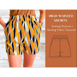 High Waisted Shorts Sewing Pattern And Video Instructions Beach Shorts With Pockets With Elastic Summer Shorts