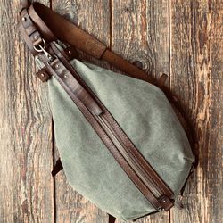 Sling Backpack Leather Canvas Backpack Sling Bag Women Bag Men Bag Crossbody Bag