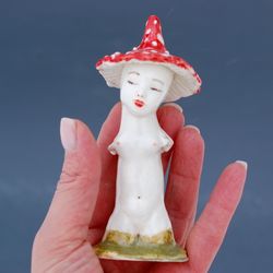 Mushroom lady Female bust statuette Ceramic ring holder Mushroom hat Fly agaric Forest Witch,sexy lady Porcelain Unique