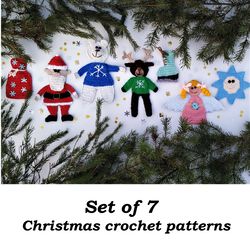 Christmas ornaments crochet patterns, Set of 7, Christmas applique crochet pattern, Santa, Reindeer, Angel, Polar bear