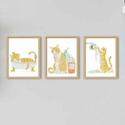 Bathroom Orange White Cat Print set of 3 Cat Art, Cat Decor, Watercolor Painting, Bathroom Art, Cat Lover Gift