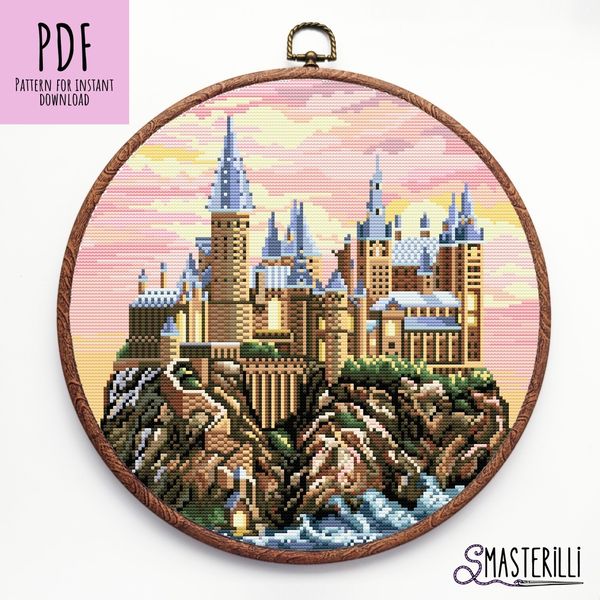 Hogwarts castle cross stitch pattern PDF , palace on sunset embroidery ornament by Smasterilli.JPG