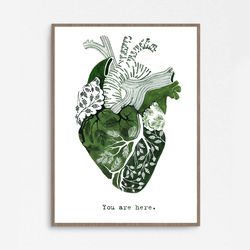 Watercolor print YOU ARE HERE, green heart illustration DIGITAL PRINT, Valentine's Day