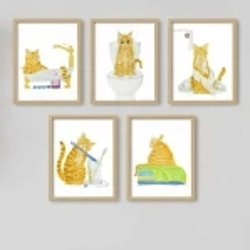 Bathroom Ginger Cat Print set of 5 Cat Art, Cat Decor, Watercolor Painting, Bathroom Art, Cat Lover Gift