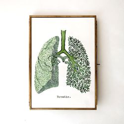 Watercolor print "BREATHE", green lungs illustration DIGITAL PRINT