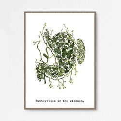 Watercolor poster "BUTTERFLIES IN STOMACH", green stomach illustration DIGITAL PRINT, Valentine's Day