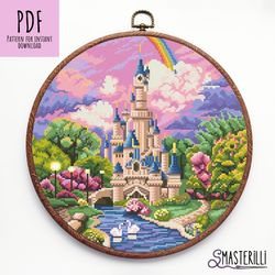 Fantasy castle cross stitch pattern PDF, magic landscape cross stitch pattern, fairy rainbow castle cross stitch pattern