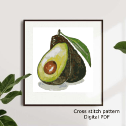Avocado Watercolor cross stitch PDF pattern, Modern Fruit embroidery design, Instant download, DIY and craft