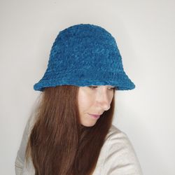 Blue plush bucket hat for women Velvet bucket hat crochet Trendy bucket hat