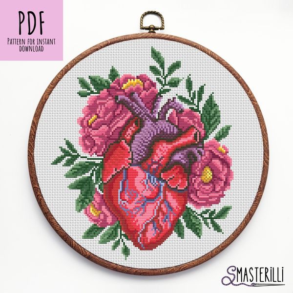 Anatomical heart cross stitch pattern with flowers and plants. Embroidery ornament by Smasterilli.JPG