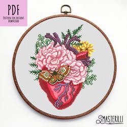 Flower anatomical heart cross stitch pattern PDF , flower heart cross stitch pattern, plant embroidery chart, love gift