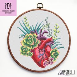 Flower anatomical heart cross stitch pattern PDF , pink flower heart cross stitch, love and plants cross stitch chart
