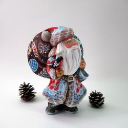 Wooden painted Russian Santa Claus, Santa with a huge toy bag 6.7 inch tall