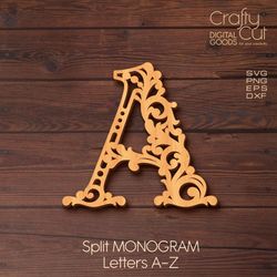 split letter swirl monogram, alphabet svg files for cricut, silhouette, glowforge, laser cutter files