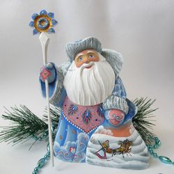 Hand carved Santa, Light Blue Santa, Collectable Russian Santa, ice blue, wooden figure