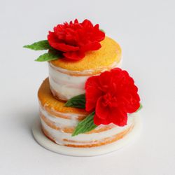 Dollhouse food for dolls, miniature wedding cake with red peonies at 1:12 scale