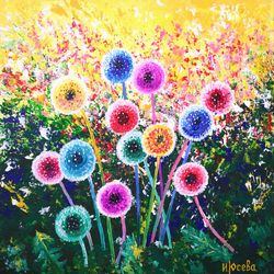 Dandelion Painting Floral Original Art Wildflowers Artwork Summer Painting 12 by 12" by ArtRoom22