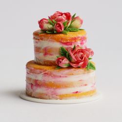 Dolls House Miniature food at 1:12 Scale, dollhouse naked two tiers cake with roses