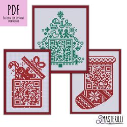 Christmas QR code cross stitch pattern PDF , set of 3 xmas ornaments: sock , tree , gift with secret wishes in QR codes