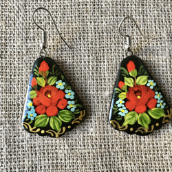 Earrings Hand Painted Wooden Painted Russian Folk Style 1,5"