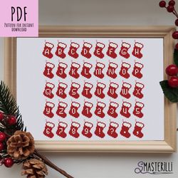 Christmas alphabet cross stitch pattern PDF , red christmas socks ornament, letters and numbers for greetingss and words