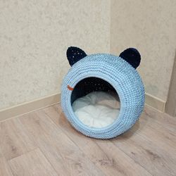 Cat house,cat bed,Round cat bed, blue cat house ,cute cave bed for pet, cozy crochet cat bed with ears