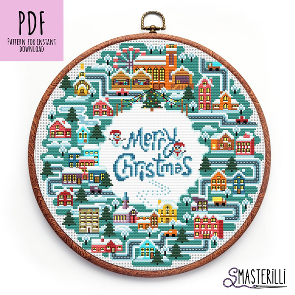 Christmas wreath with snow city cross stitch pattern with Merry Christmas wishes by Smasterilli.JPG