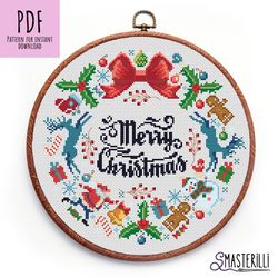 Merry Christmas wreath cross stitch pattern PDF , New Year sampler embroidery design , deers and Santa counted xstitch