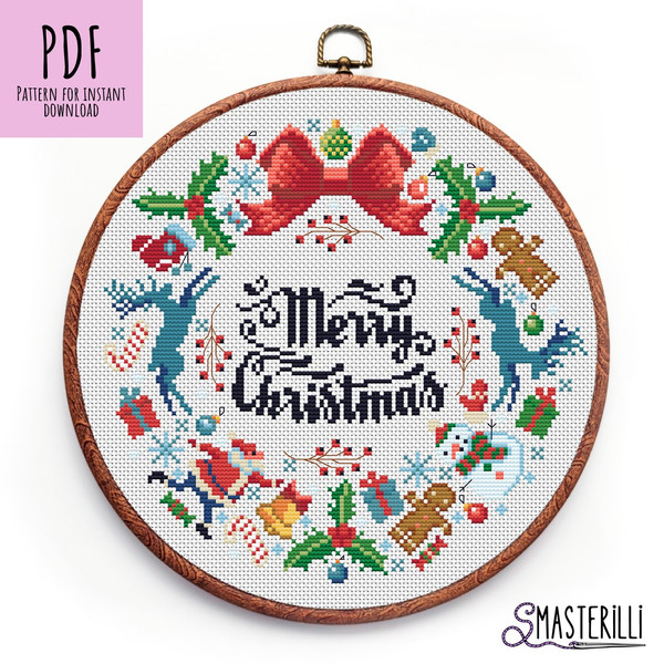 Christmas wreath cross stitch pattern with traditional Xmas symbols: santa, deers, gifts. Easy embroidery ornament by Smasterilli.JPG