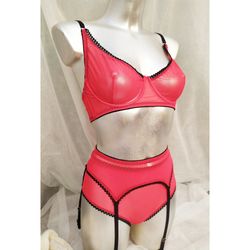 vintage lingerie RED Retro Pin Up lingerie set - bra, garter belt, panties high planting. stretch mesh erotic boudoir