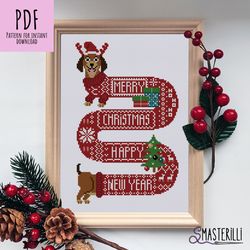 Christmas dog cross stitch pattern PDF , Merry Christmas cross stitch, dachshund embroidery ornament, dog lovers gift