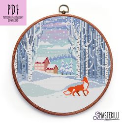 Winter landscape cross stitch pattern PDF , snow forest cross stitch pattern , fox counted xstitch chart , hoop art