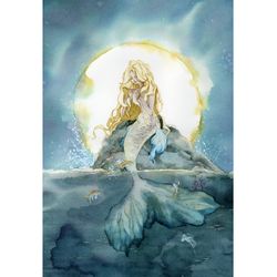Golden haired Mermaid painting Original watercolor Fantasy art by Yulia Evsyukova
