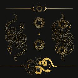 Digital files. Snakes, Moon and Sun, illustrations in dark boho style