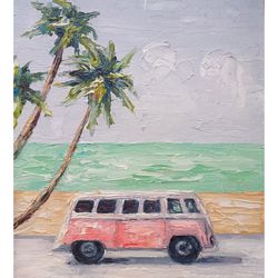 California Painting Seascape Original Artwork Seaside Painting Retro Van On The Beach Wall Art Vintage VW  Small Art