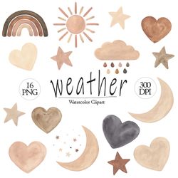Weather clipart, 16 hand painted PNG, Beige and Brown watercolor clipart, Sun, Moon, Rainbow, Cloud, Rain, Stars, Hearts