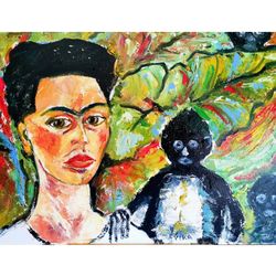 Frida Kahlo Oil Painting Original Art Mexico Painting Impasto Painting Woman Portrait Mexican Painting 12" by 16"