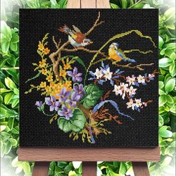 Vintage Cross Stitch Scheme Flowers and birds