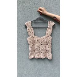 Crocheted cotton crop top in granny square technique
