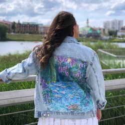 Claude Monet Waterlilies inspired custom painted denim jacket