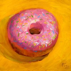 Donut Painting Cake Original Art Dessert Artwork Food Painting 6x6 by Sonnegold