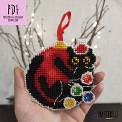 Cat cross stitch pattern PDF. plastic canvas pattern, black kitty with garland xstitch design, Christmas tree decoration
