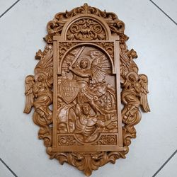 St Michael the Archangel. Wood Carved picture, panel. gift for him, gift for mom