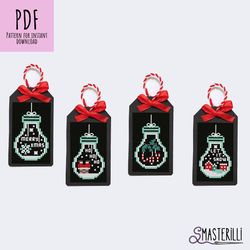 Christmas gift tags cross stitch pattern PDF , easy xmas embroidery idea , black canvas counted xstitch decoration