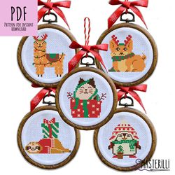 Christmas animals cross stitch pattern PDF , lama, corgi, penguin, sloth, cat in Xmas style embroidery ornament