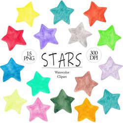 Watercolor stars clipart, 15 Hand painted shapes PNG, Rainbow colors stars, Night sky, Nursery graphics, Bedtime images