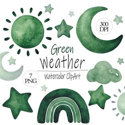 Weather clip art, 7 hand painted PNG, Green watercolor clipart, Sun Moon Cloud Stars Digital Images, Green nursery decor