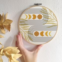 boho moon cross stitch pattern mustard cross stitch pdf mid century modern xstitch moon phases