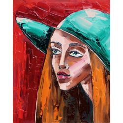 Woman Hat Painting Girl Face Original Art Impasto Artwork Smal Oil Wall Art 10 by 8 inch